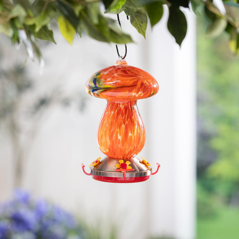 Art Glass Hanging Mushroom Hummingbird Feeder, Orange