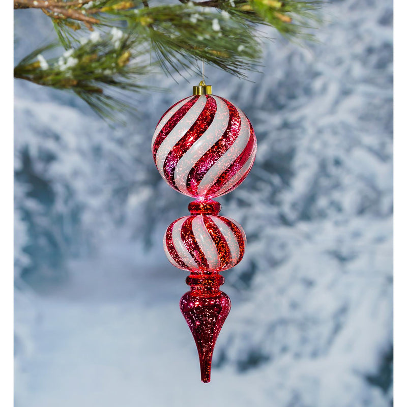 17"H Finial Shatterproof Battery Operated White Chasing Light LED Ornament, Red and White Swirl