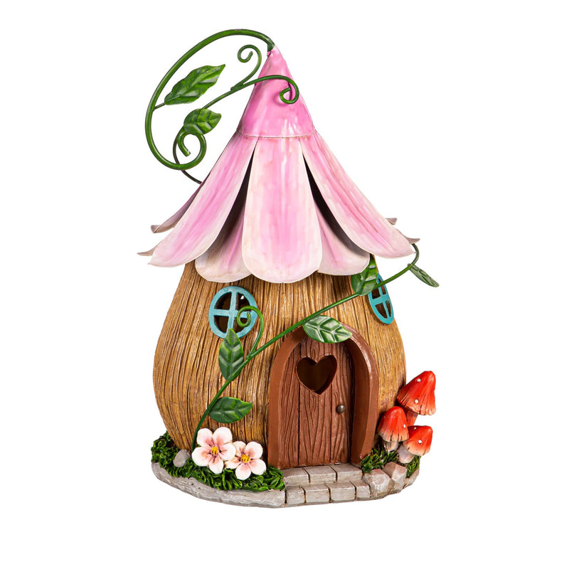 Evergreen Statuary,LED Fairy House, Purple Floral Roof,6.5x6.89x10.04 Inches