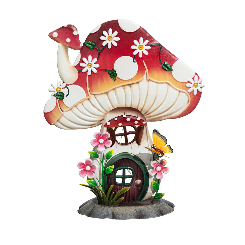 Garden of Wonder Garden Statue, LED Metal Floral Mushroom House, 16"H