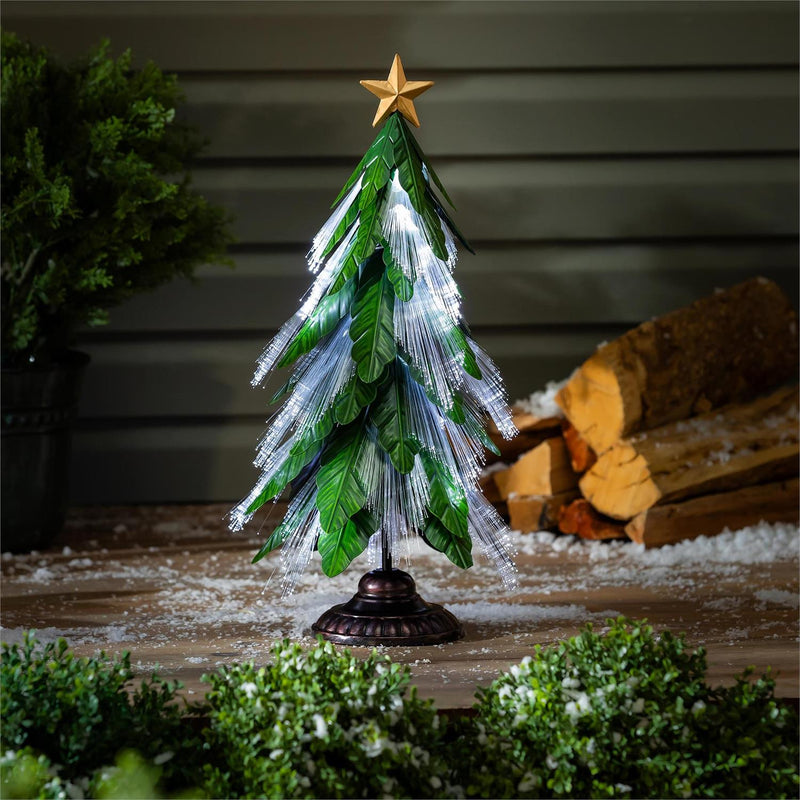 Shades of Green Garden Statue, Metal Fiber Optic LED Statue, Evergreen Tree, 23"H