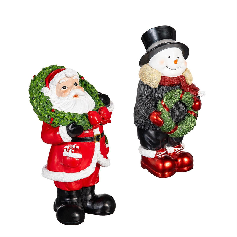 Holiday Poinsettia Garden Statue, LED Resin Statue, Snowman and Santa, 18"H, Asst of 2