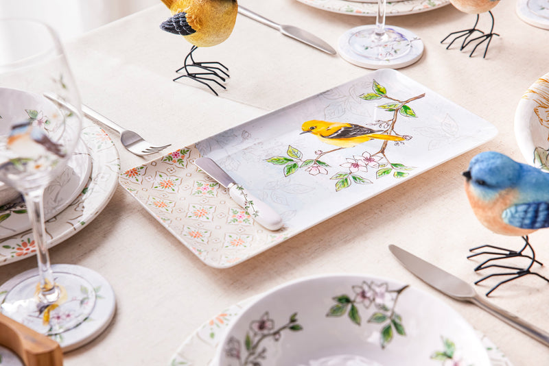 14" Melamine Rectangular Platter with Spreader Set, Birds in Blooms,2mps9863