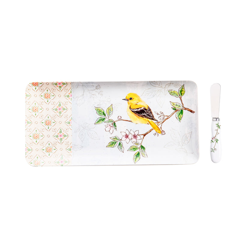 14" Melamine Rectangular Platter with Spreader Set, Birds in Blooms,2mps9863