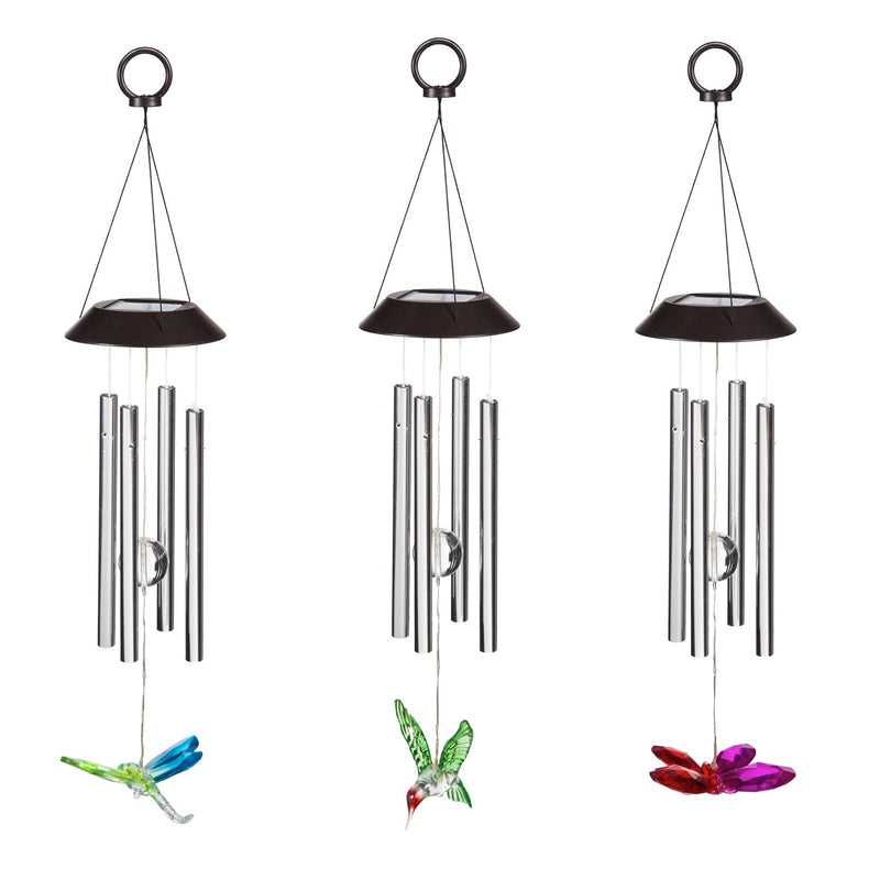 Evergreen Wind,23.5" L Solar Windchime, Dragonfly, Hummingbird, and Butterfly, Asst of 3,5.12x5.12x27.8 Inches