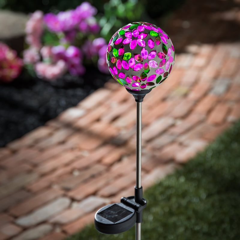 22"H Solar Mosaic Globe Garden Stakes, Red and Purple