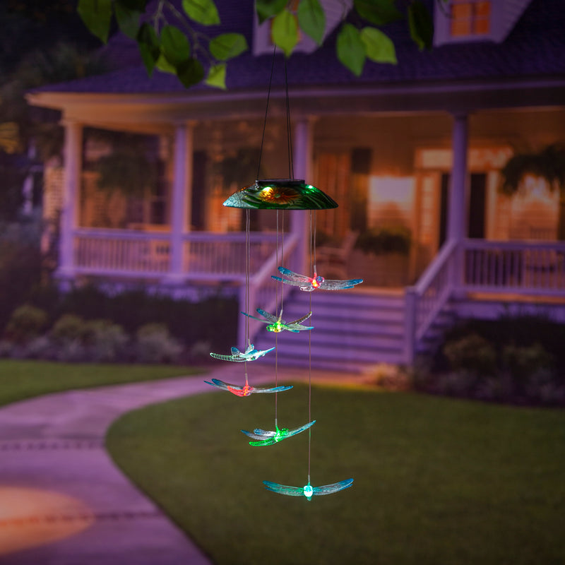 Evergreen Garden Accents,Hand Painted Solar Color Changing Solar Mobile, Dragonfly,7.09x7.09x29.53 Inches