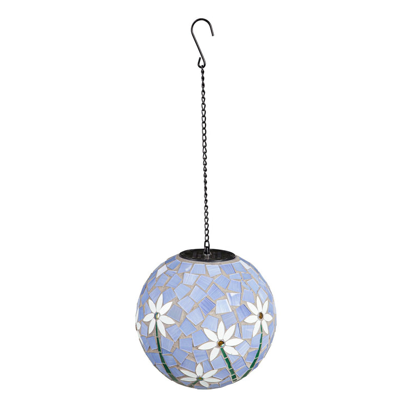 8" Solar Hanging Mosaic Gazing Ball, Light Blue with Florals,2sp7202