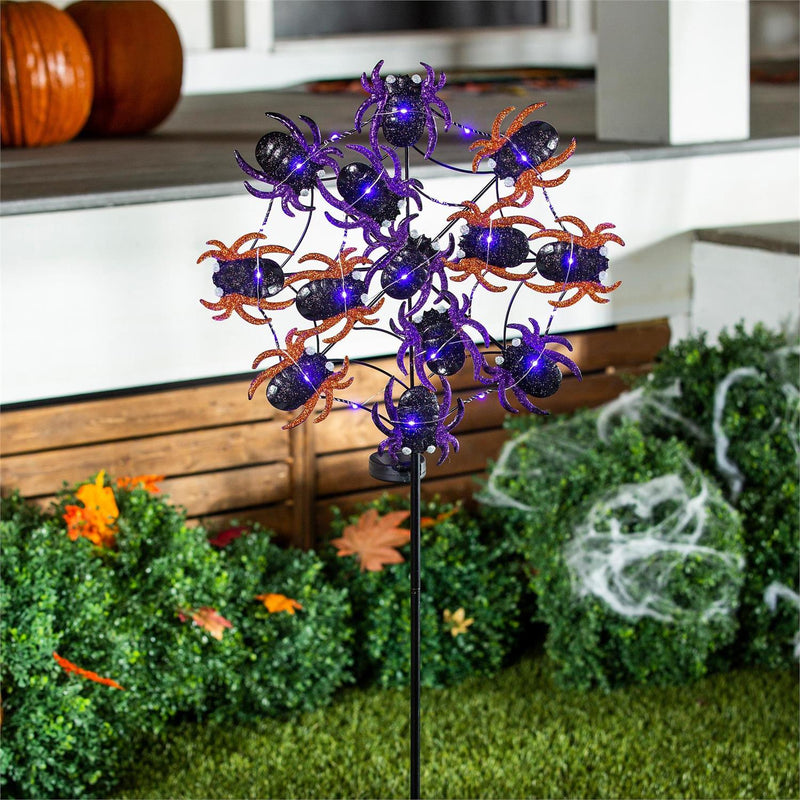 44"H Light Movement Solar Garden Stake, Purple Spider Web