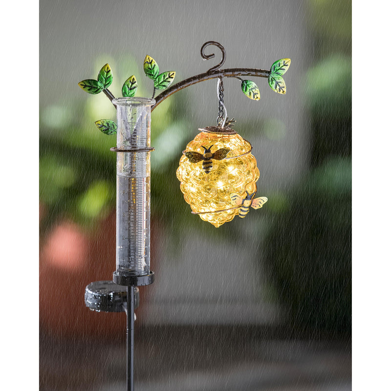 Pollinator Garden Stake, Solar Beehive with Rain Gauge, 36"H