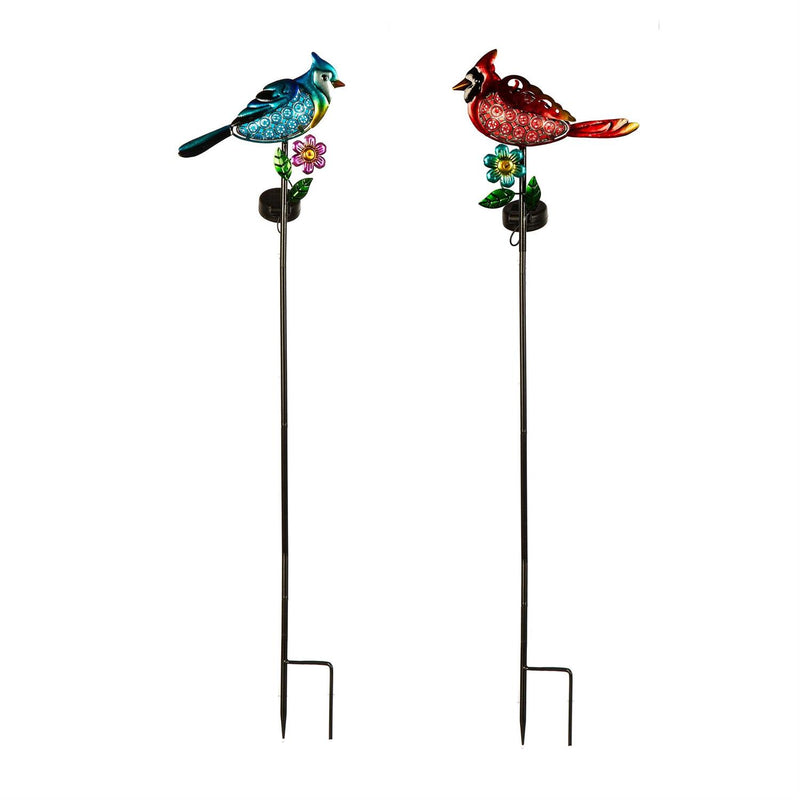 35"H Solar Garden Stake, Jeweled Blue Jay & Cardinal, Set of 2