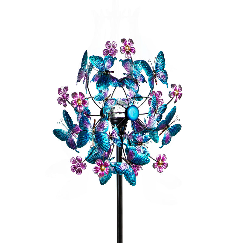 Solar Metal  Wind Spinner, Blue Butterfly & Flowers, 74"H