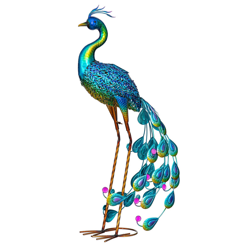 Palm Beach Garden Statue, Solar Metal Vibrant Peacock, 33"H