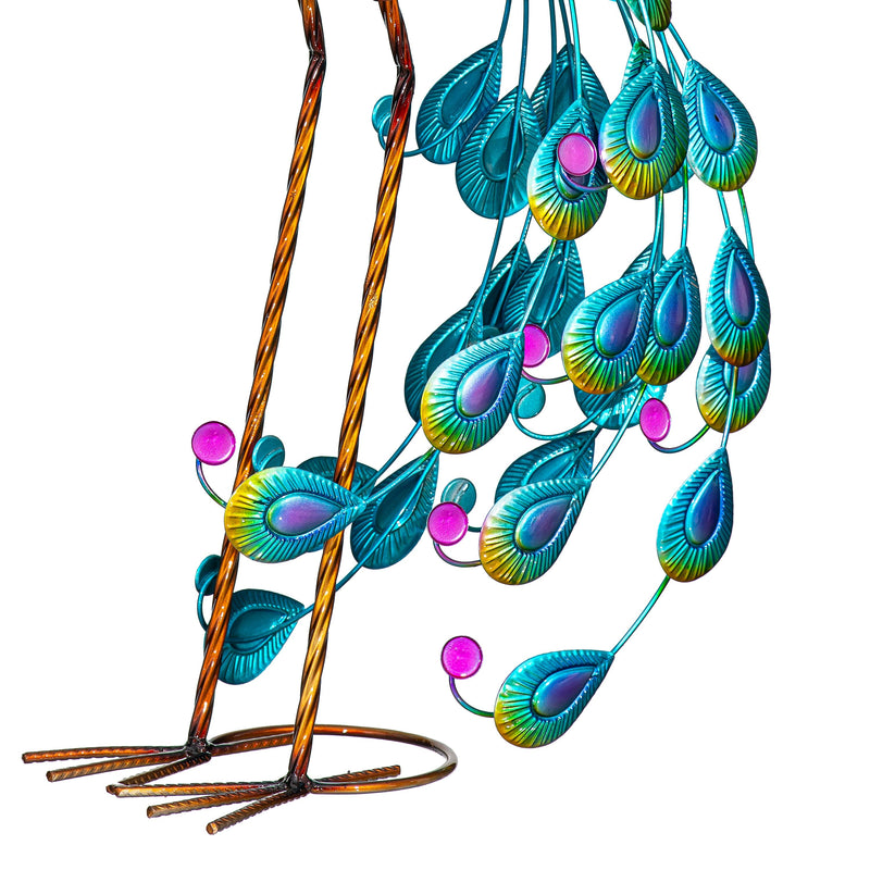 Palm Beach Garden Statue, Solar Metal Vibrant Peacock, 33"H