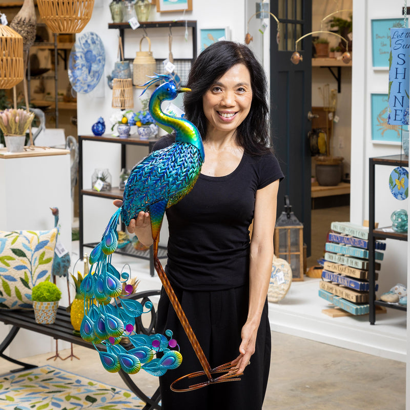 Palm Beach Garden Statue, Solar Metal Vibrant Peacock, 33"H