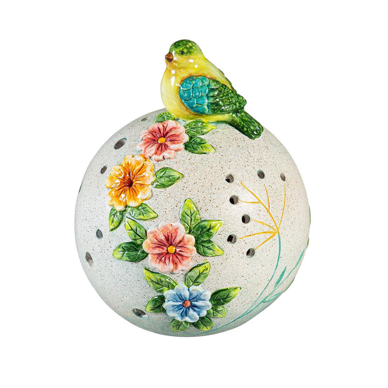 Solar Bird Sitting On Floral Orb Statue, 8"H