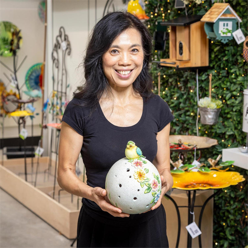 Solar Bird Sitting On Floral Orb Statue, 8"H