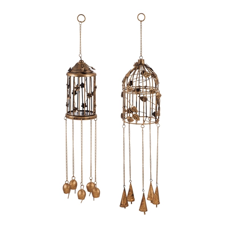 Decorative Bird Cage Wind Chime with Botanical Details, 2 Asst.,2wc1840