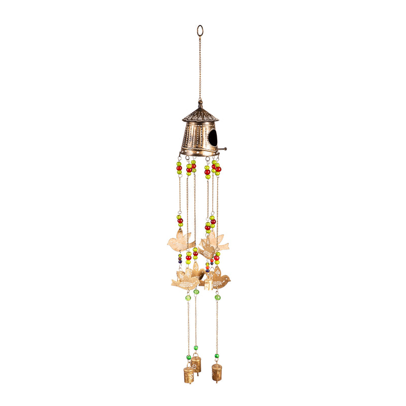 Evergreen Wind,Gold Metal Birdhouse Wind Chime,5.5x4x30 Inches