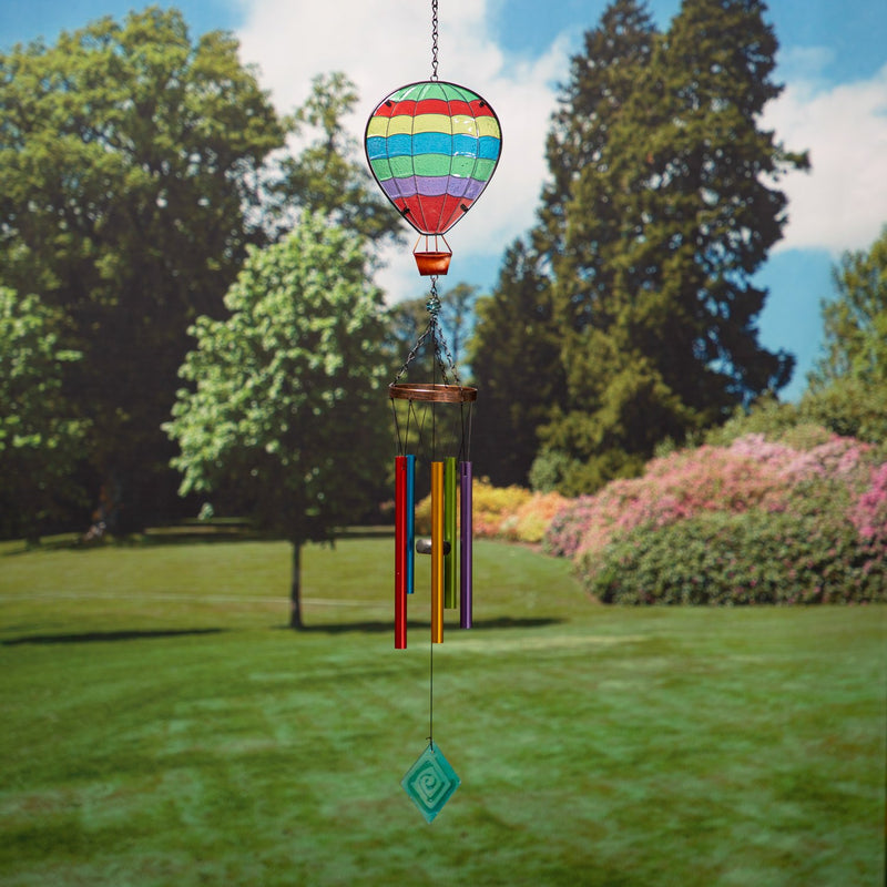 Evergreen Wind,Muti-Color Stained Glass Hot Air Balloon Wind Chime,5.9x3.93x38 Inches