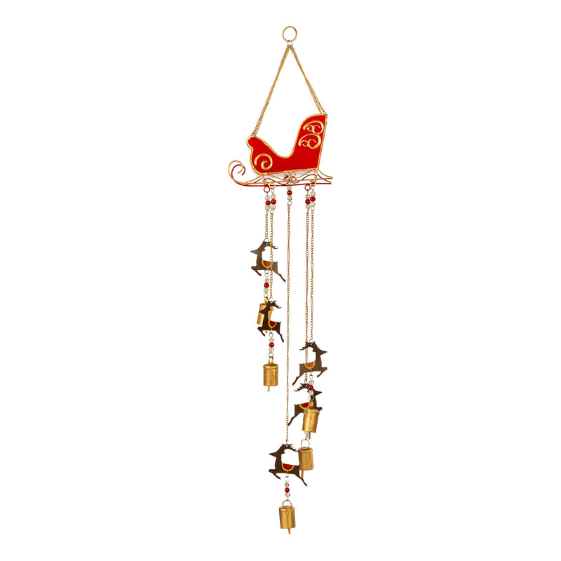 Evergreen Wind,Hand-Painted Metal Santa Sleigh Wind Chime,7.5x3.5x35 Inches