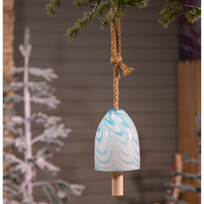 Evergreen Wind,Blue & White Marbled Art Glass Bell,5.5x5.5x7.09 Inches
