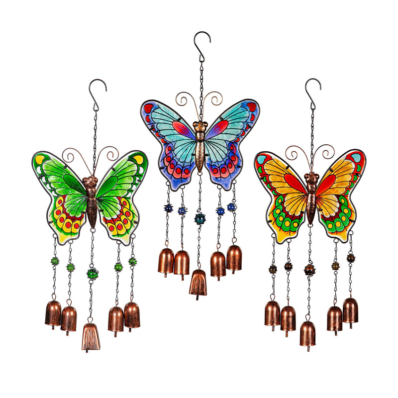 Pollinator Garden Wind Chime, Glass Butterfly Wind Chime with Bells, Asst of 3