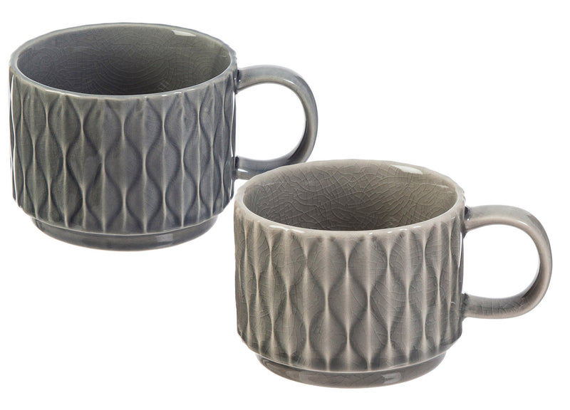 Evergreen Tabletop,Ceramic Debossed Cup, 12 OZ Serenity Collection, Set of 2,5.5x4x2.93 Inches