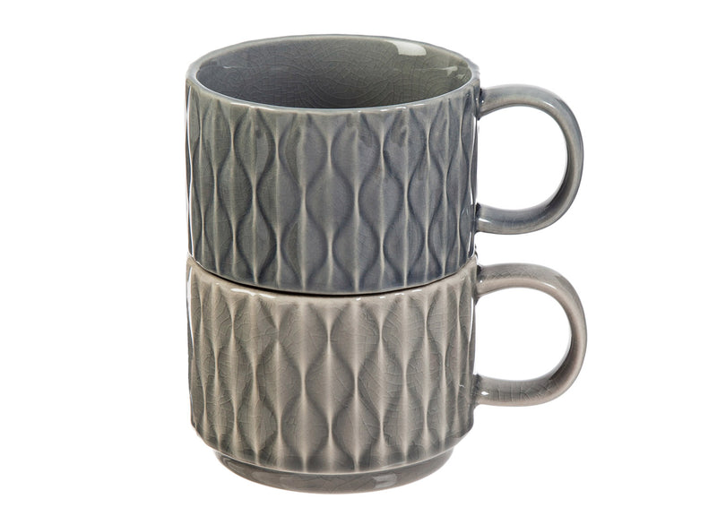 Evergreen Tabletop,Ceramic Debossed Cup, 12 OZ Serenity Collection, Set of 2,5.5x4x2.93 Inches