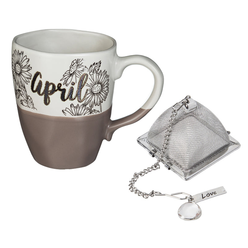 Ceramic Birthday Cup w/ metallic accent, Tea Charm, and box, 16 OZ., April,3amh6837d