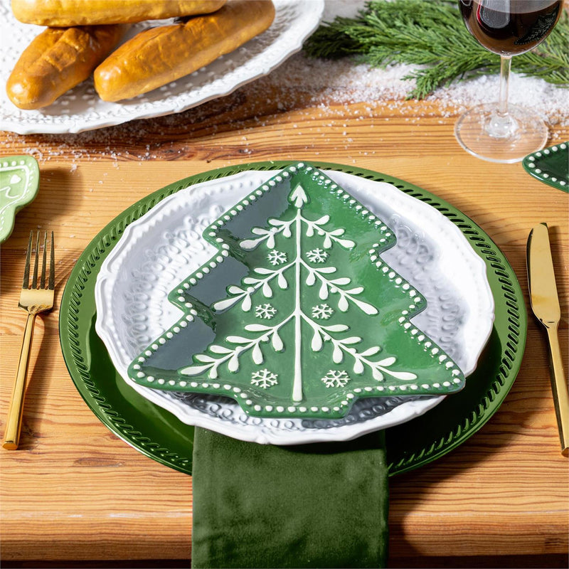 Shades of Green Plate Tree Shaped Embossed Ceramic Salad Plate, 9.5"
