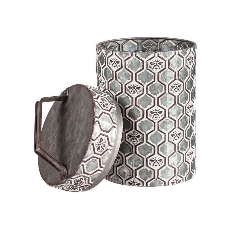 Evergreen Indoor Furniture,Embossed Metal Storage Containers, Outdoor Safe, Nested Set of 2,6.7x6.7x14.57 Inches