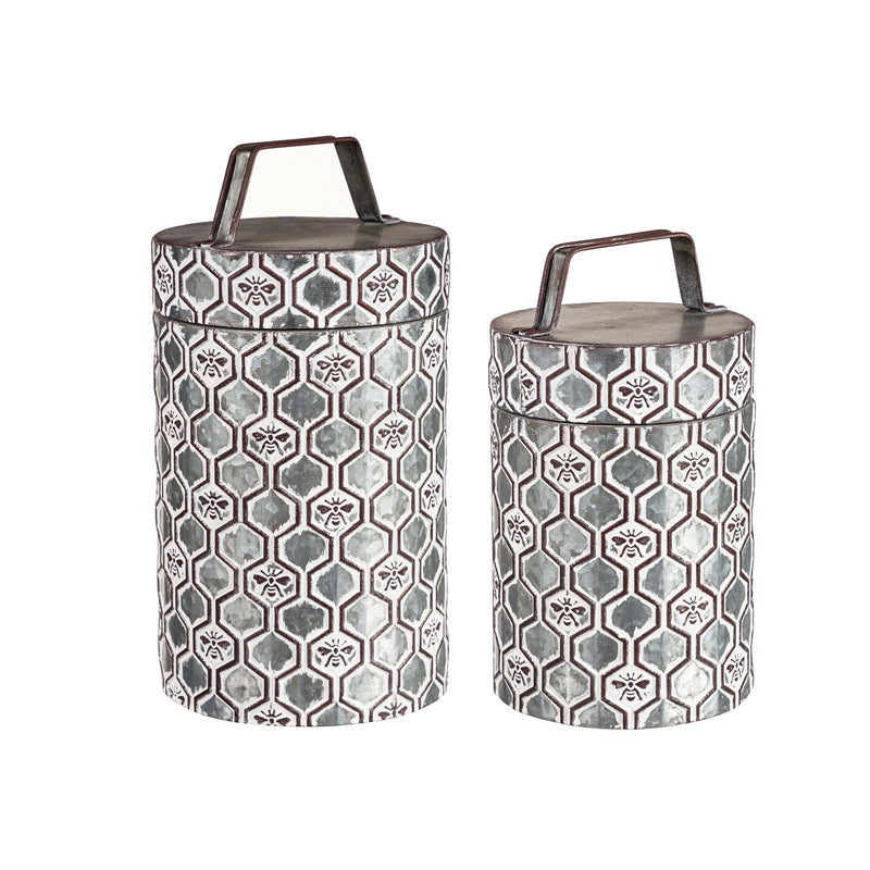 Evergreen Indoor Furniture,Embossed Metal Storage Containers, Outdoor Safe, Nested Set of 2,6.7x6.7x14.57 Inches