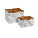 Embossed Metal Storage Box with Wood Lid, Nested Set of 2