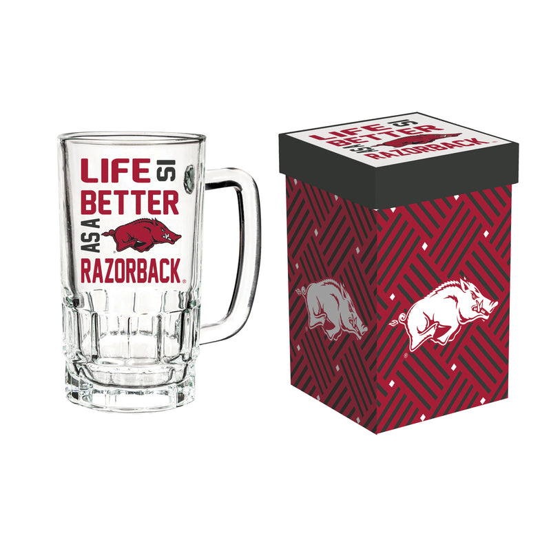 Evergreen Home Accents,Glass Tankard Cup, with Gift Box, University of Arkansas,5.03x3.34x6.1 Inches