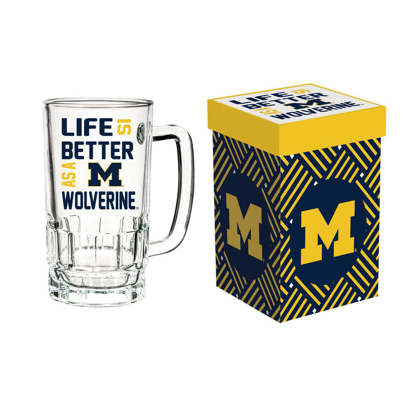 Evergreen Home Accents,Glass Tankard Cup, with Gift Box, University of Michigan,3.34x5.03x6.1 Inches