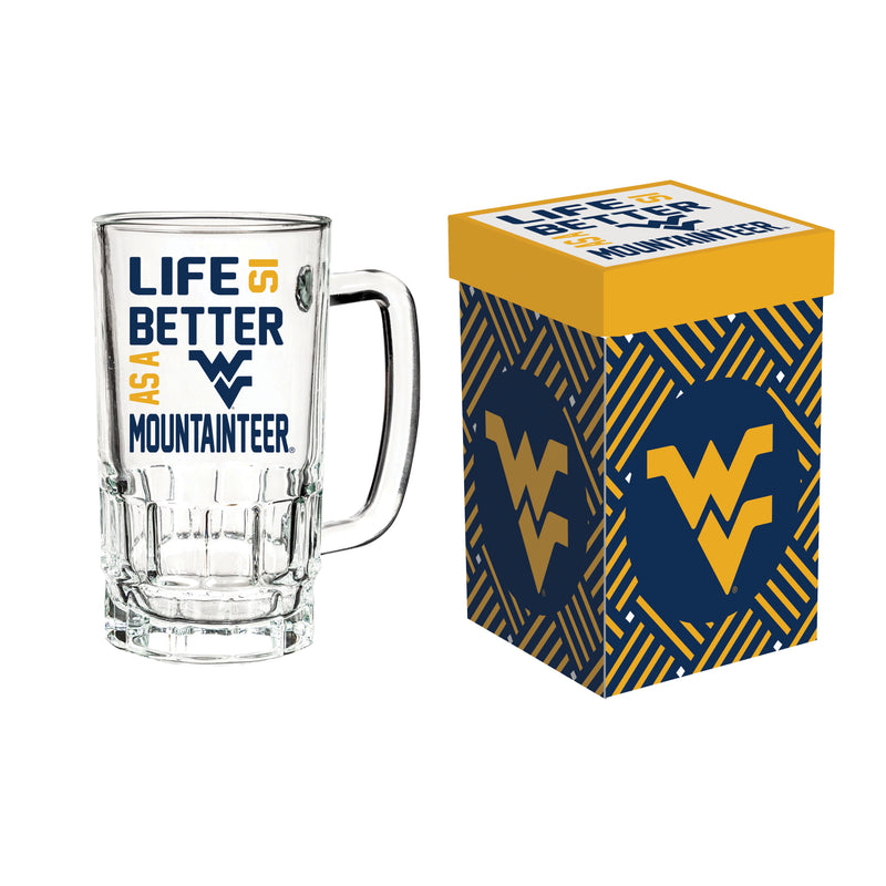 Evergreen Home Accents,Glass Tankard Cup, with Gift Box, West Virginia University,5.03x3.34x6.1 Inches