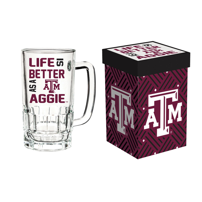 Evergreen Home Accents,Glass Tankard Cup, with Gift Box, Texas A&M,5.03x3.34x6.1 Inches