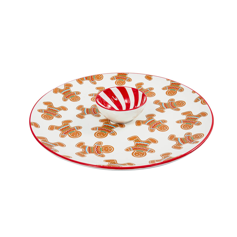 14" Ceramic Gingerbread and Peppermint Chip and Dip Set,3cd001