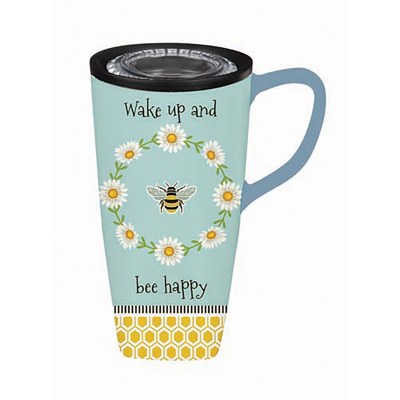 Ceramic FLOMO 360 Travel Cup, 17 oz., Wake Up and Bee Happy,3clc967875a