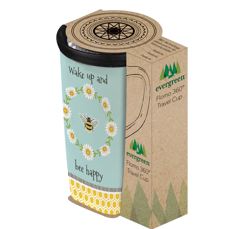 Ceramic FLOMO 360 Travel Cup, 17 oz., Wake Up and Bee Happy,3clc967875a