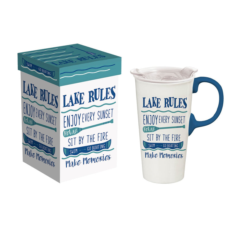 Ceramic Travel Cup, 17 OZ. ,w/box Lid, Lake Rules,3ctc00121