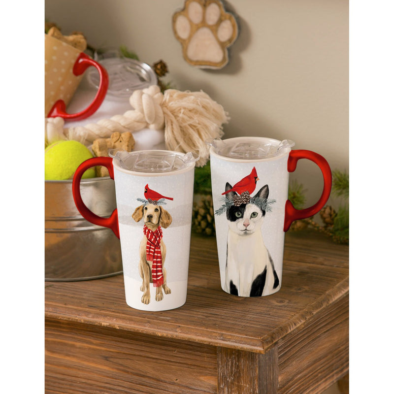 Ceramic Travel Cup, 17 OZ. ,w/box and Tritan Lid, Christmas Cat,3ctc007204b