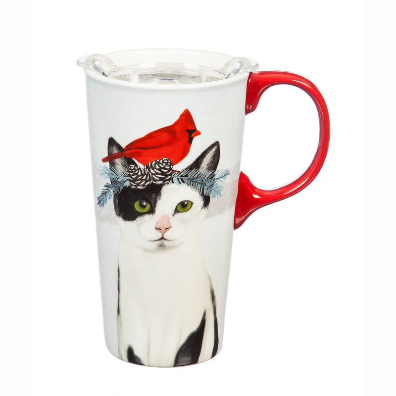 Ceramic Travel Cup, 17 OZ. ,w/box and Tritan Lid, Christmas Cat,3ctc007204b