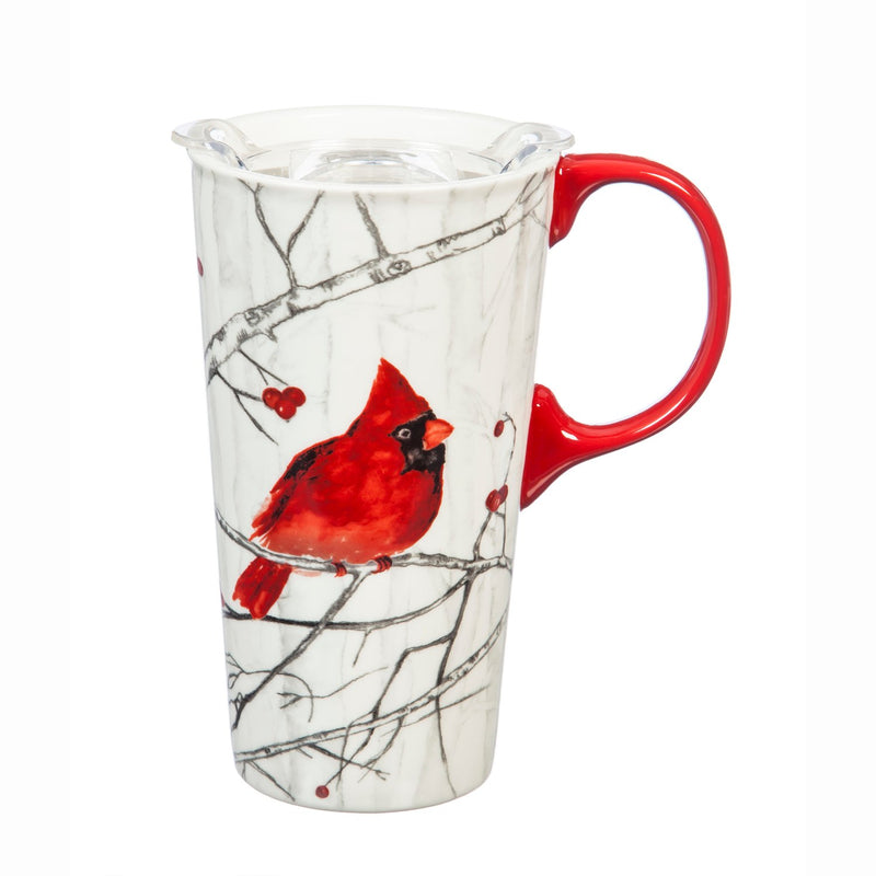 Ceramic Travel Cup, 17 OZ. ,w/box and Tritan Lid, Perching Cardinal,3ctc007309