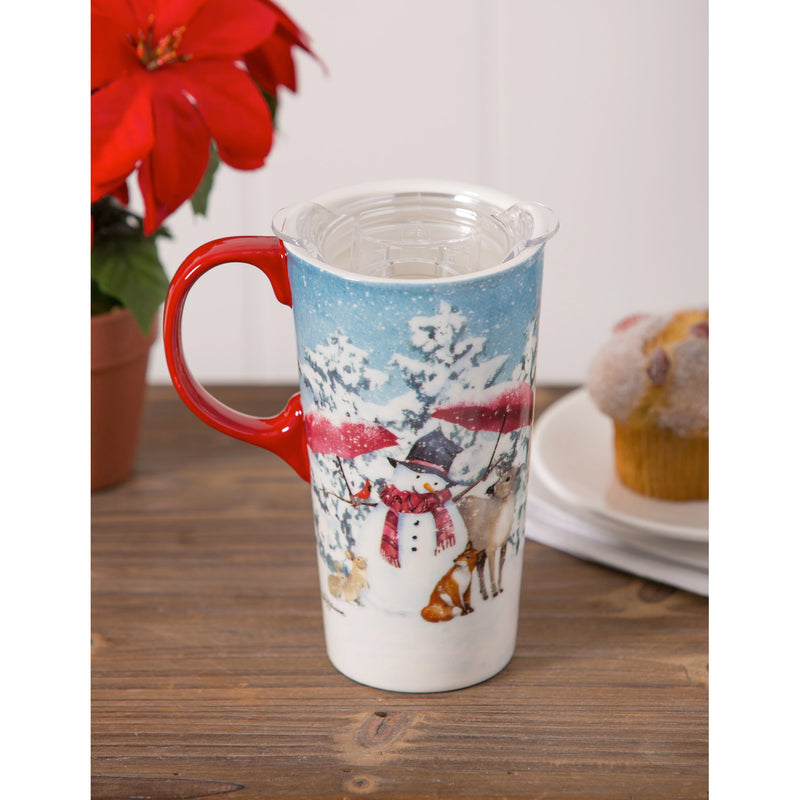 Evergreen Tabletop,Ceramic Travel Cup, 17 OZ. ,w/box and Tritan Lid, Sheltering Snowmen,3.5x5.25x7 Inches