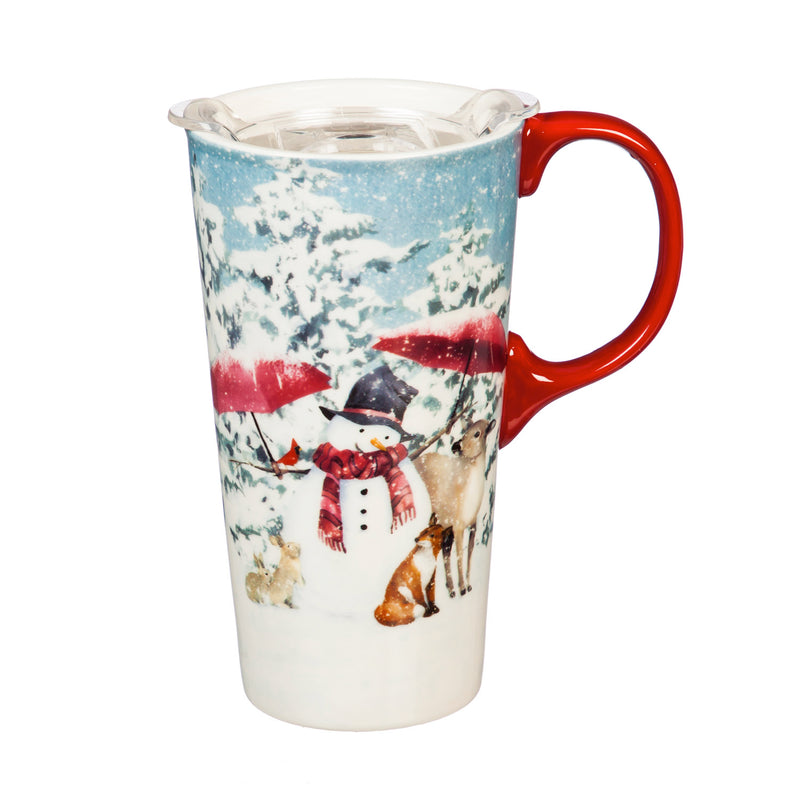 Evergreen Tabletop,Ceramic Travel Cup, 17 OZ. ,w/box and Tritan Lid, Sheltering Snowmen,3.5x5.25x7 Inches