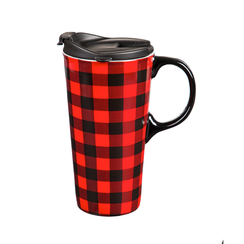 Ceramic Travel Cup, 17 OZ. ,w/box, Red & Black Buffalo Plaid,3ctc01096