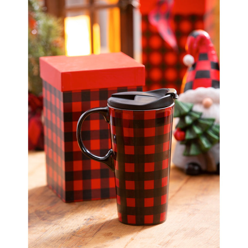 Ceramic Travel Cup, 17 OZ. ,w/box, Red & Black Buffalo Plaid,3ctc01096