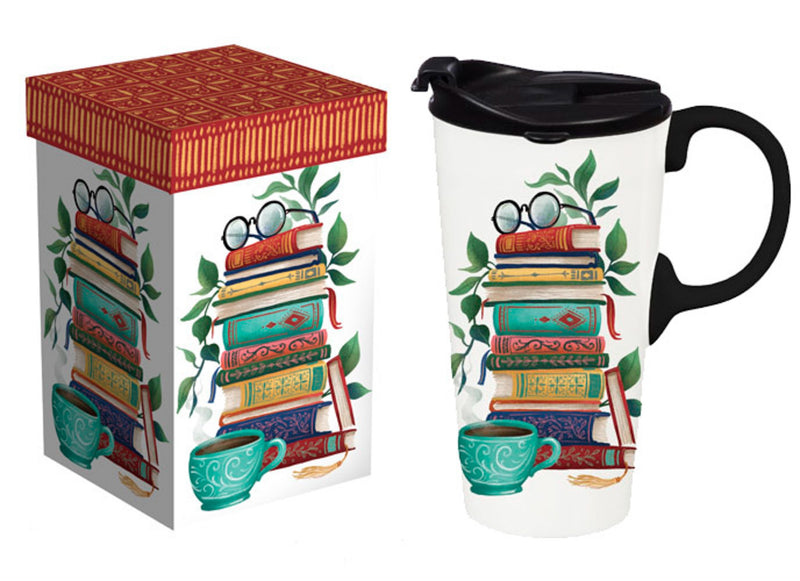 Evergreen Home Accents,Ceramic Perfect Travel Cup, 17oz, w/ Gift Box, Books on Books,3.55x5.24x7 Inches